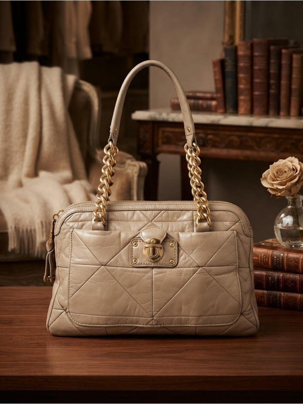 Marc Jacobs Quilted Beige Leather Shoulder Bag with Gold Chain Handles